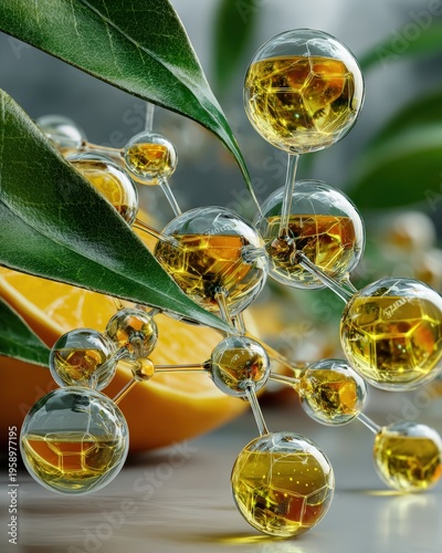 Photorealistic 3D render of glowing ascorbic acid molecular structure hovering over fresh citrus slice with golden aura for wellness concept.