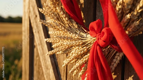 wreath of wheat ears and red ribbon tied on rustic wooden door, close-up with warm sunlight, harvest, autumn, natural decoration, rural setting