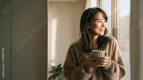 窓辺でマグカップを持ち外を眺めて優しく微笑む女性