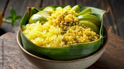 Yellow sticky rice with mung beans and sliced green apples served in a banana leaf bowl, healthy asian dessert, close-up