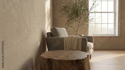 Cozy Minimalist Armchair Corner with Natural Light, Indoor Olive Tree and Warm Neutral Interior