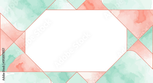 Abstract Geometric Frame with Watercolor Splashes in Coral and Teal