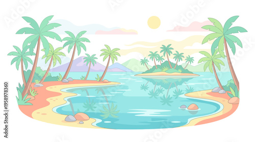 Tropical Island Paradise with Palm Trees and Clear Water.