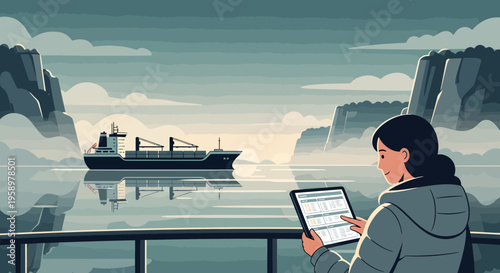 Woman using tablet on ship deck overlooking cargo vessel.
