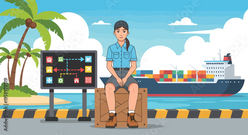 Young woman sitting on suitcase at port with cargo ship.