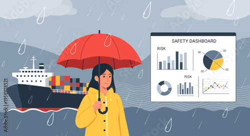 Woman with Umbrella and Safety Dashboard on a Ship.