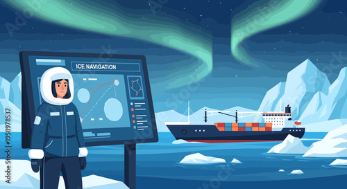 Arctic explorer in protective suit near information display.