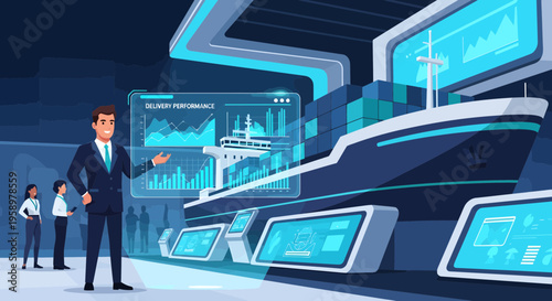 Business professional presenting advanced shipping logistics technology.