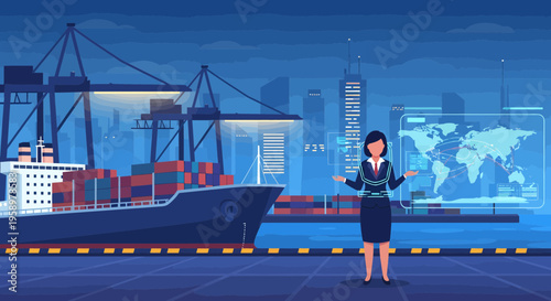 Businesswoman Interacting with Futuristic Global Logistics Interface.
