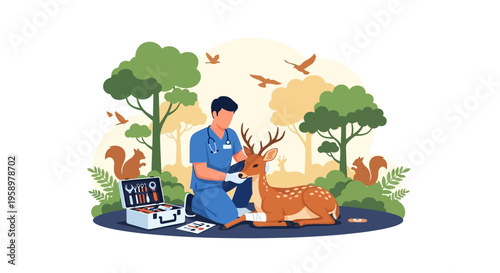 Veterinarian Cares For Injured Deer In Forest Setting.