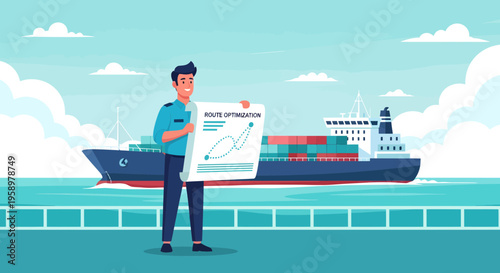 Man holding document near cargo ship.