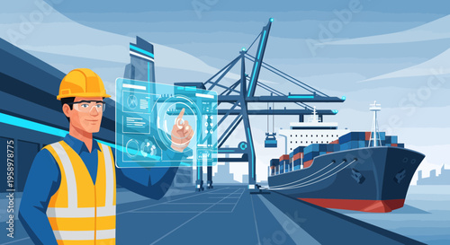 Man in Hard Hat and Vest Interacting with Futuristic Hologram.