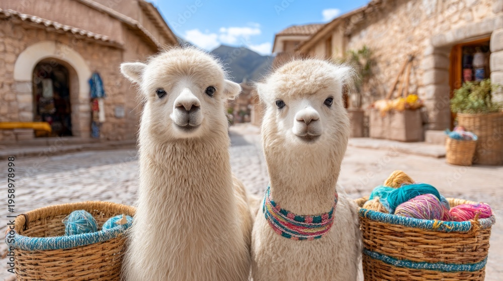 Naklejka premium Fluffy Alpacas with Decorative Ribbons at a Colorful Wool Festival
