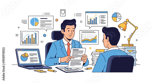 Two businessmen discussing financial reports and charts in an office setting.