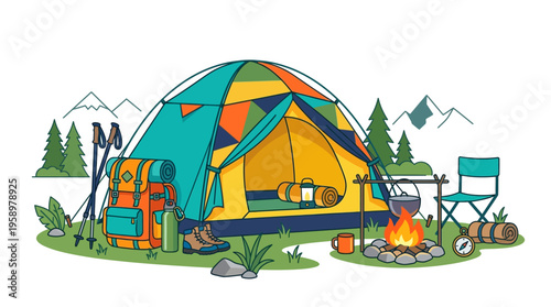Vibrant Camping Tent Scene with Backpack and Campfire.
