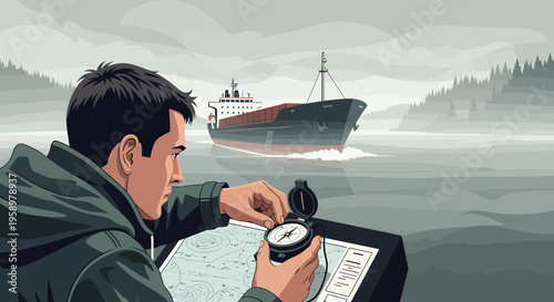 Man Navigating with Compass and Map on a Boat.