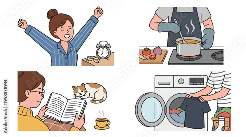 Illustrations depicting various daily routines and household chores, including waking up, cooking, reading, and doing laundry.