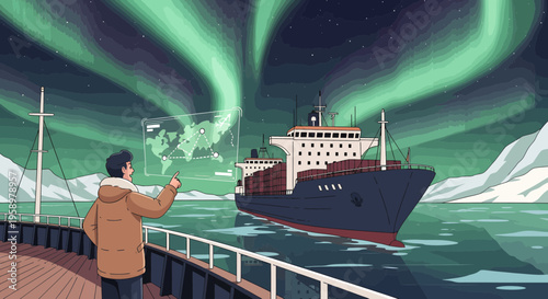 Man on ship deck watching aurora borealis over arctic sea.