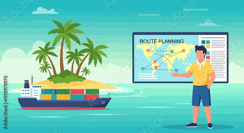 Man presenting cargo ship route planning on world map.