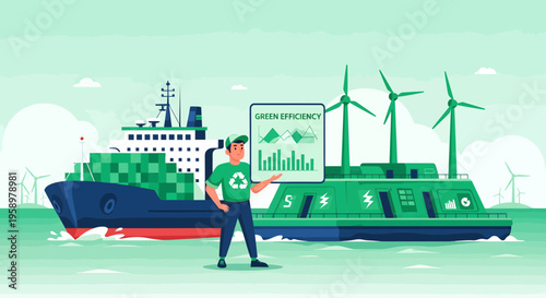 Man presenting green energy solutions for maritime transport.