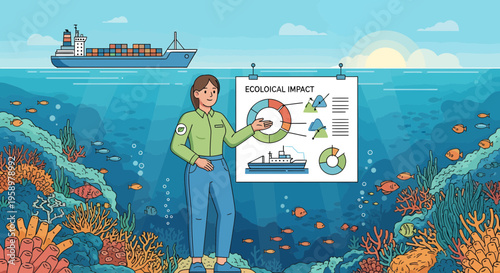 Marine biologist presenting ecological impact data underwater.