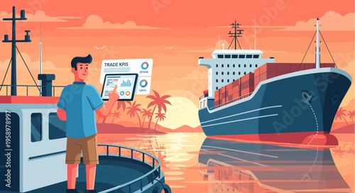 Man using tablet on ship deck with cargo ship in background.