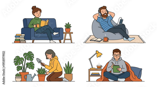 Four illustrations depicting people enjoying various indoor leisure activities like reading, listening to music, gardening, and journaling at home.