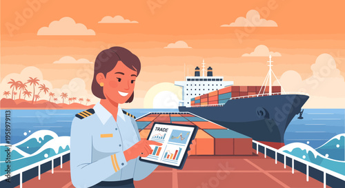 Woman Captain Inspecting Cargo Ship Data on Tablet.