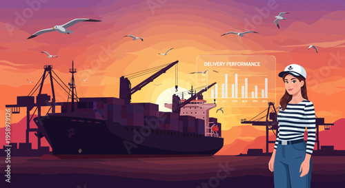 Woman in hard hat and striped shirt at port.