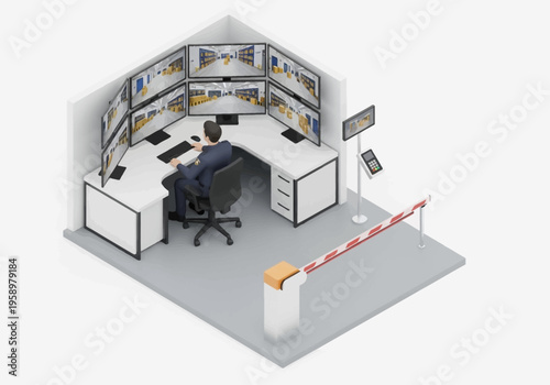 Security control room with monitors showing camera feeds and a barrier gate