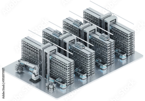 Automated warehouse storage system with robotic arms and automated guided vehicles