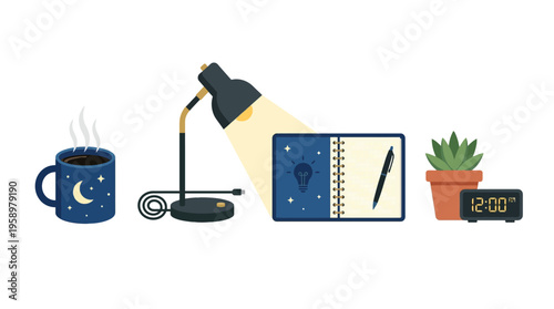 A cozy nighttime desk setup with a steaming mug, illuminated lamp, open journal, succulent plant, and digital clock.