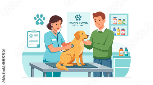 Veterinarian examining a golden retriever dog with owner present.