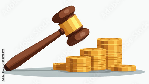 Law, finance, and banking icons, gold coins, judge gavel, vector illustration