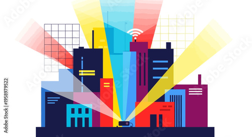 Vibrant Cityscape with Colorful Beams of Light.