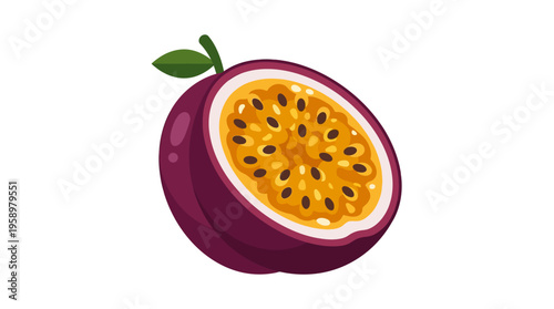 Vibrant Half Passion Fruit with Seeds and Leaf.