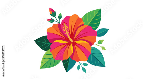 Vibrant Hibiscus Flower Illustration with Green Leaves.