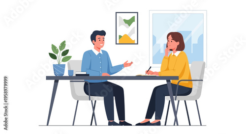 Two people in a meeting discussing business matters.