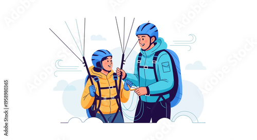 Two people preparing for paragliding adventure together.
