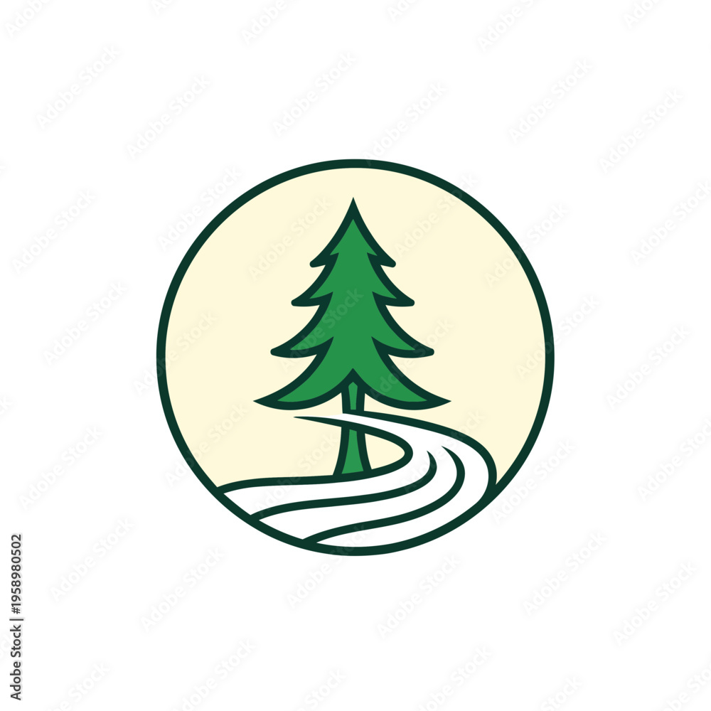 Fototapeta premium Minimalist Forest Logo Depicting a Coniferous Tree and Winding River within a Circle