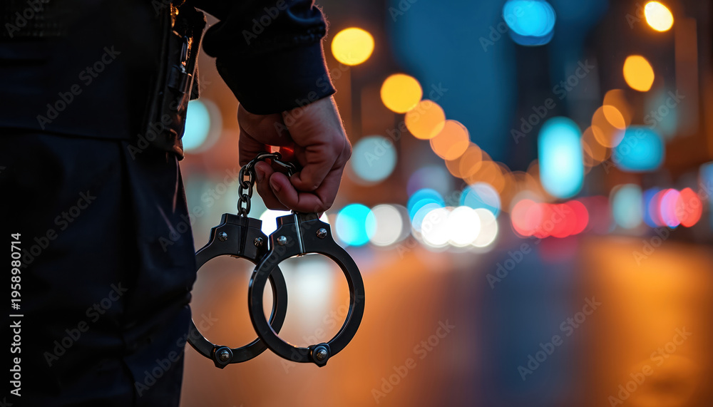 Fototapeta premium Police officer holds handcuffs in hand at night city street with blurred lights. Metal restraint implies arrest justice and law enforcement duty. Symbol of authority and security.