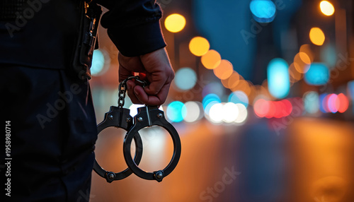 Police officer holds handcuffs in hand at night city street with blurred lights. Metal restraint implies arrest justice and law enforcement duty. Symbol of authority and security.