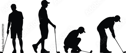golf, player, silhouette, sport, golfer, swing, putting, club, athlete, game, vector, illustration, isolated, set, activity, competition, hobby, outdoor, training, stance