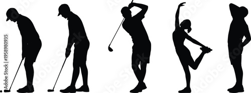 golf, golfer, silhouette, sport, swing, putting, club, athlete, fitness, activity, vector, illustration, set, isolated, player, game, outdoor, training, hobby, action