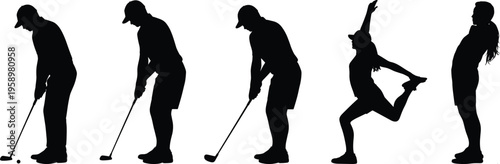 golf, golfer, silhouette, sport, swing, putting, club, athlete, fitness, activity, vector, illustration, set, isolated, player, game, outdoor, training, exercise, action