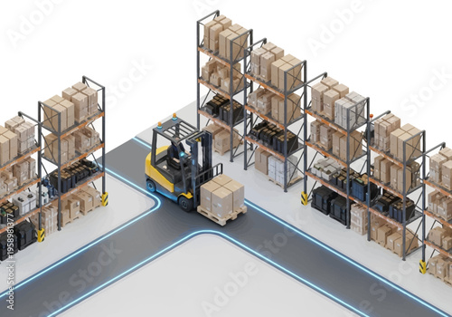Warehouse interior with a forklift moving a pallet of boxes between shelves