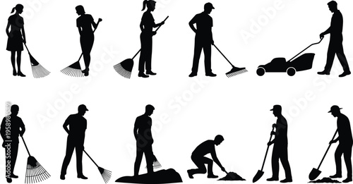 Gardener, silhouettes, collection, vector, set, landscaping, workers, tools, rake, shovel, mowing, cleaning, black, isolated, illustration, clipart, design, bundle, graphic, icons