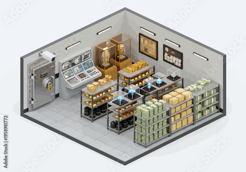 Isometric 3D rendering of a secure vault filled with gold bars, cash stacks, and valuable artifacts