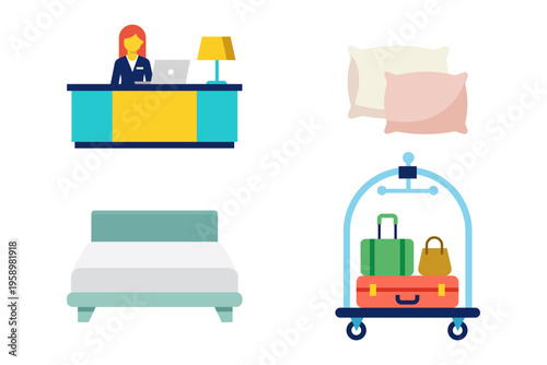 Hotel reception desk with staff, luggage bellboy cart, pillows and single bed for guest accommodation.