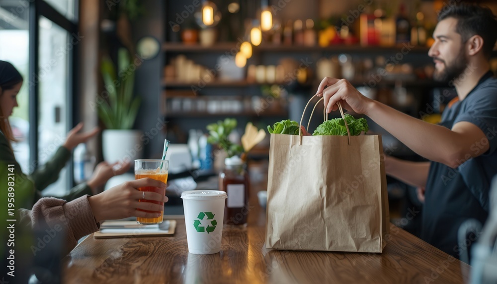 custom made wallpaper toronto digitalFresh takeaway lunch from cafe: A cheerful cafe worker hands a takeaway lunch to a customer in the cafe, with sustainability practices and healthy food options highlighted.